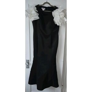 Jovani Black White Mermaid Evening Dress  Boat Neck Ruffle Sleeve Polyester. 16